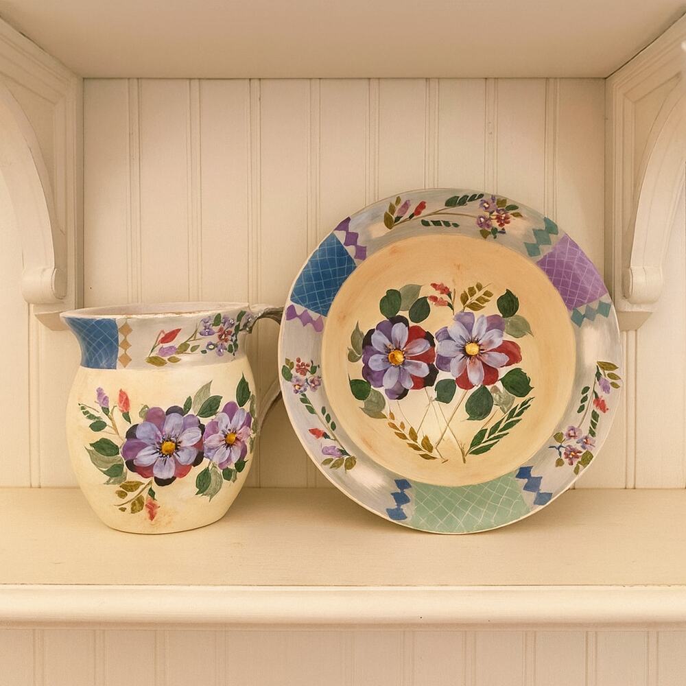 Gibson Elite Hand Painted Floral Pitcher & Wash Basin Bowl Set Rustic Cottage